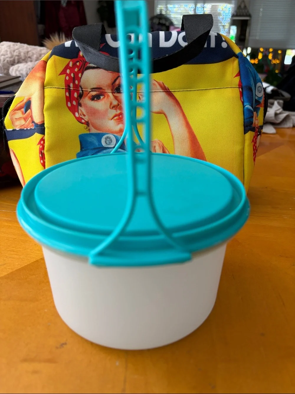 White Storage Bucket with Teal Handle and Lid